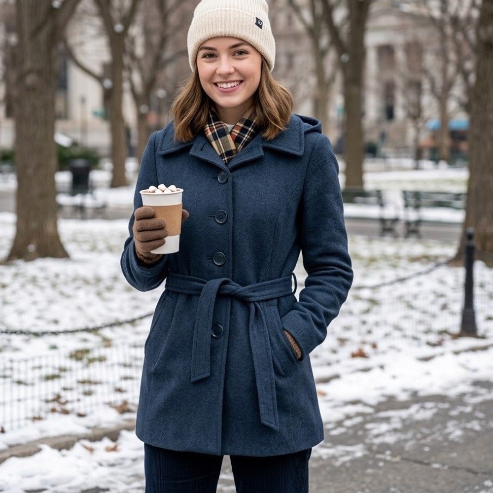 H&M Wool Blend Pea Coat 6 Navy Blue Hood Belted Trench Penny Lane Duffle Preppy